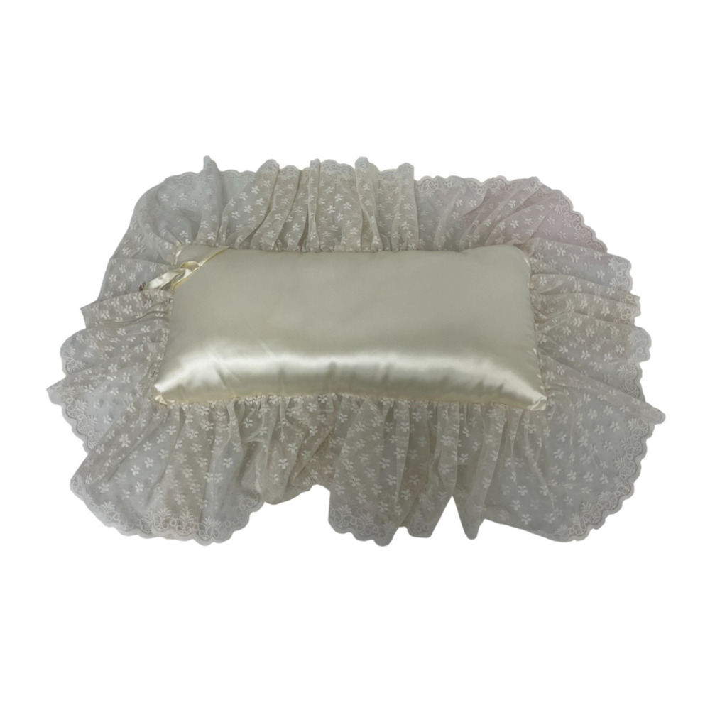 Vintage Cream Satin Lace Flower Rectangular Wedding Ring Bearer Pillow Polyester